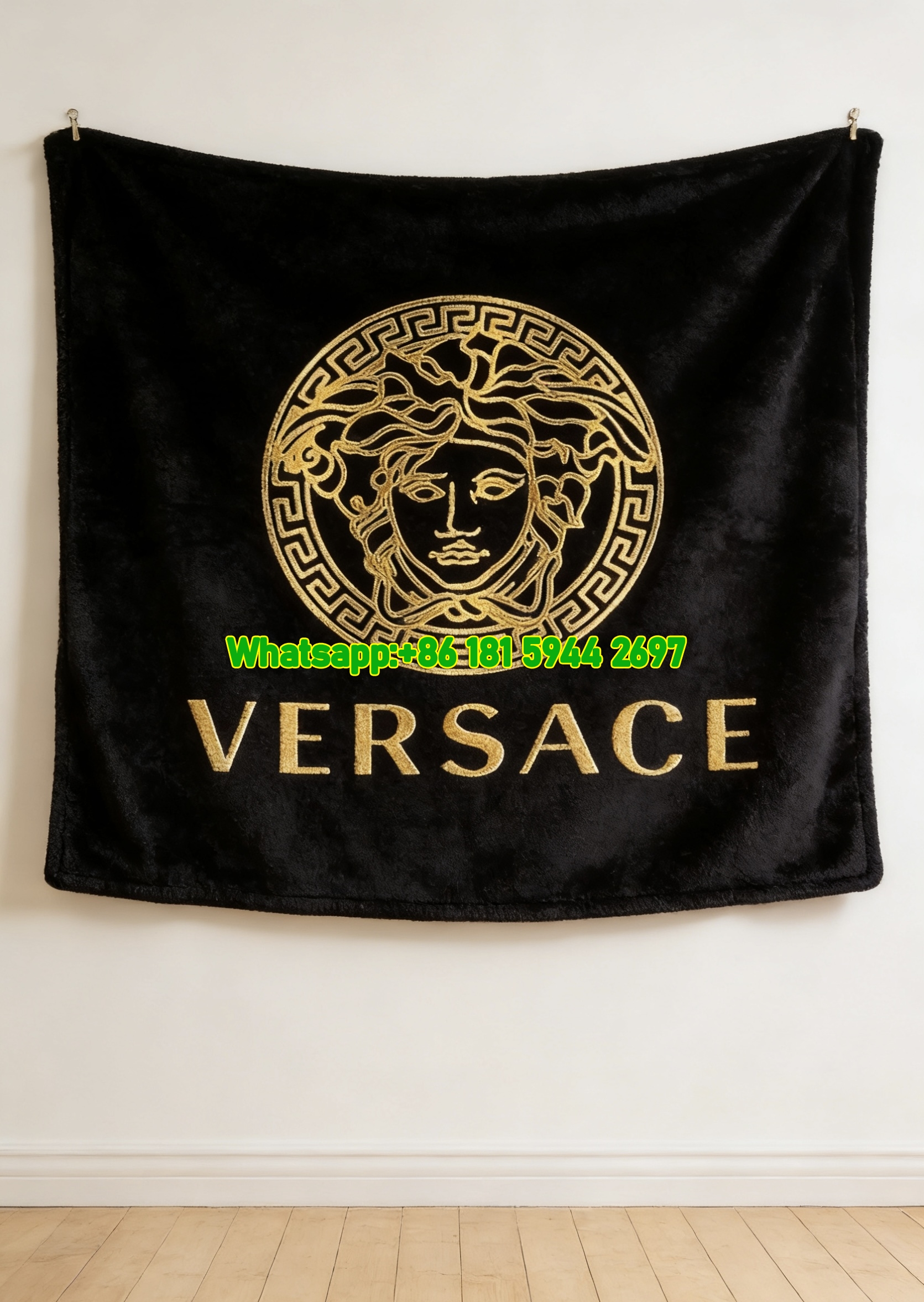 Versace Black Gold Medusa Greek Key Logo Printed Flannel Throw Blanket IMG_1267